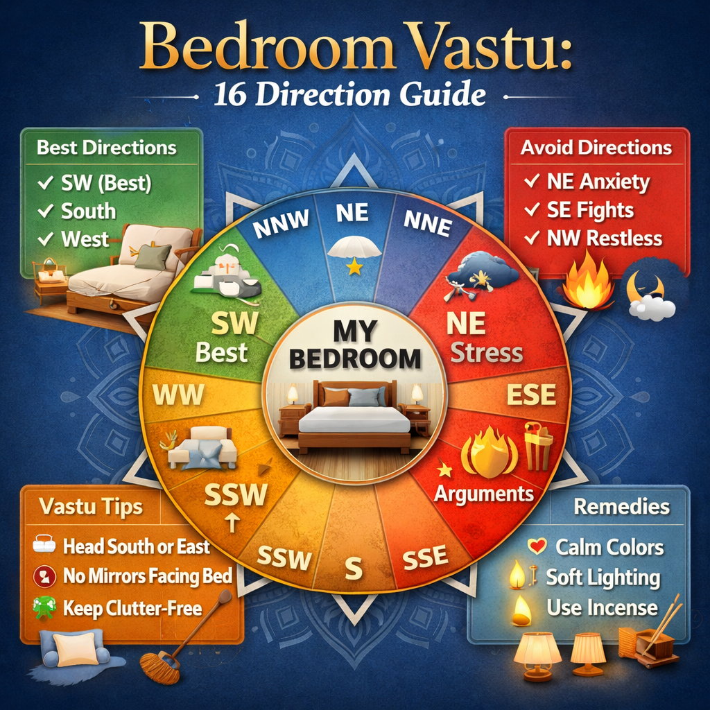 🛏️ Bedroom Vastu: Complete 16-Direction Guide for Perfect Sleep, Wealth & Relationships